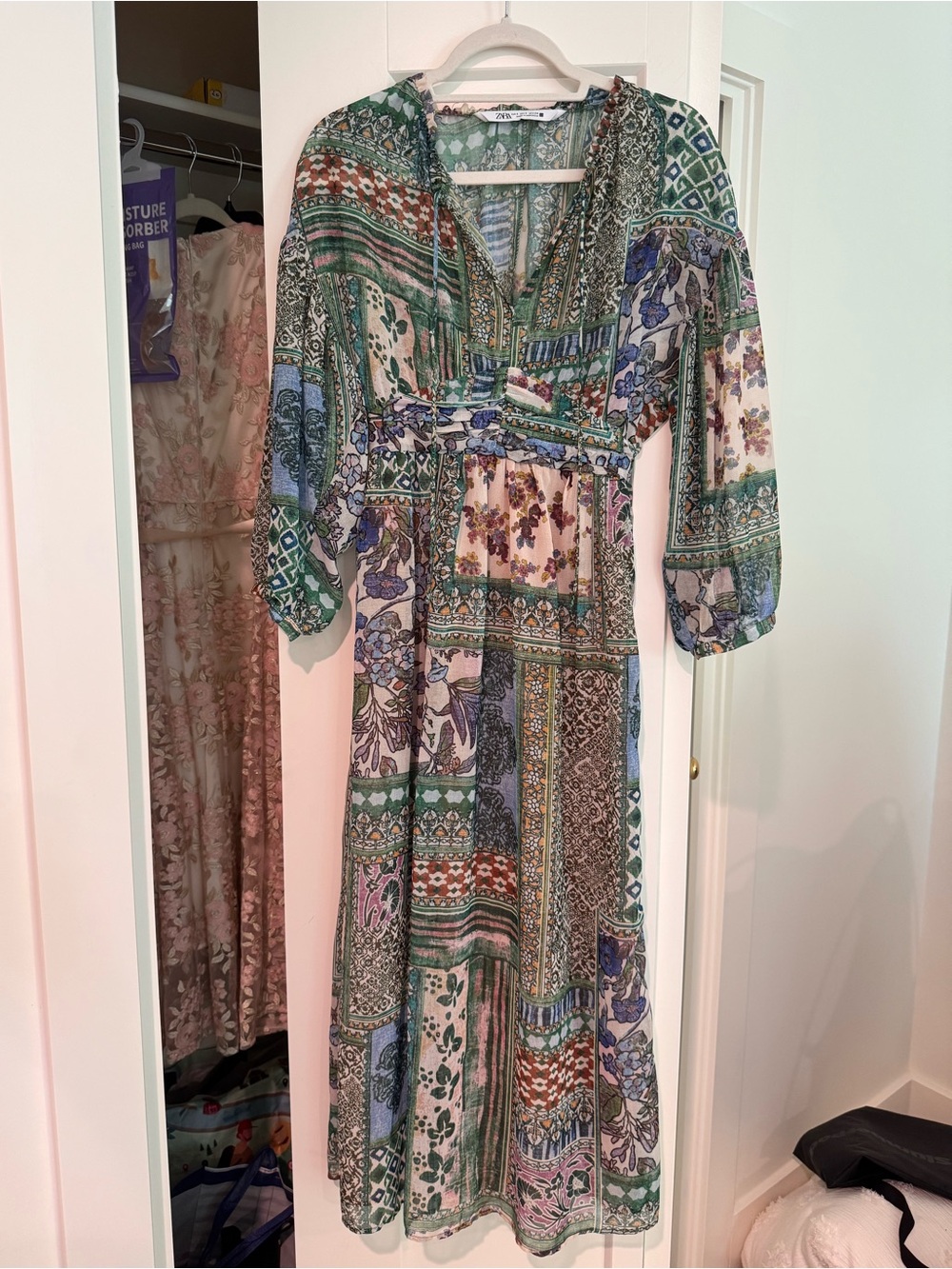 Zara Green Floral Patchwork Midi Dress